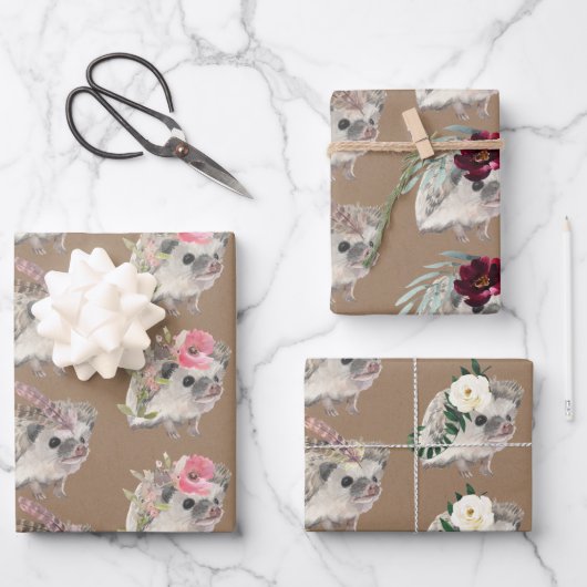 クラフト素朴ベビーヘッジホグパーティー用の服 ラッピングペーパーシート (正面)