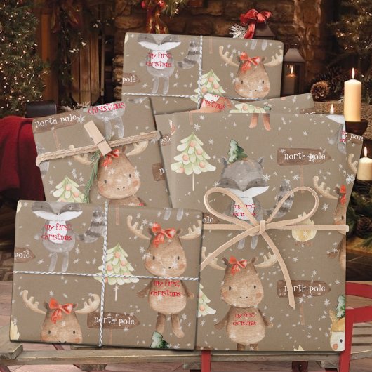 クラフト素朴ベビー初めてのクリスマス動物の名前の追加 ラッピングペーパーシート