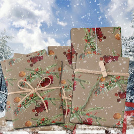 クラフト素朴ホリデーハイブッシュクランベリー ラッピングペーパーシート