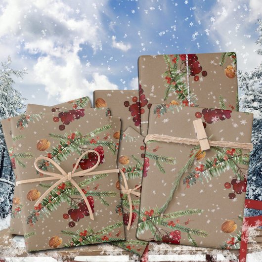 クラフト素朴ホリデーハイブッシュクランベリー ラッピングペーパーシート