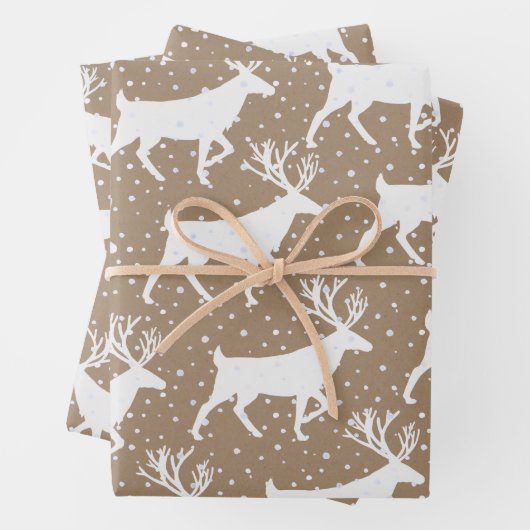 クラフト素朴ホワイトスタグトナカイの降雪 ラッピングペーパーシート (インサイチュ)
