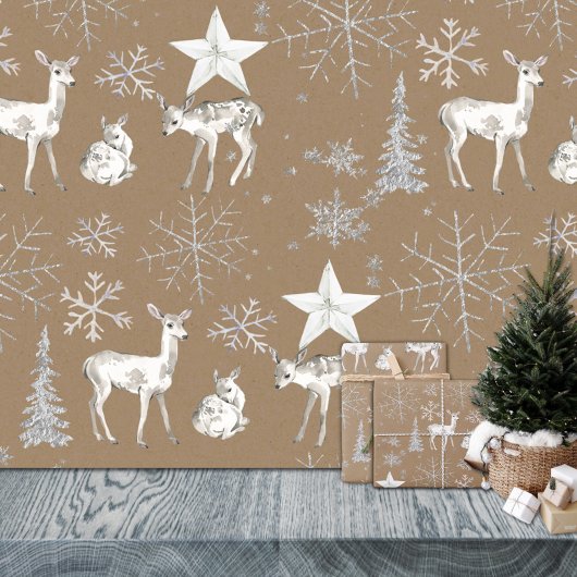 クラフト素朴ホワイトベビードードディアシルバースノーフレーク ラッピングペーパーシート