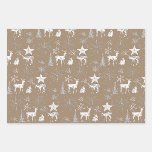 クラフト素朴ホワイトベビードードディアシルバースノーフレーク ラッピングペーパーシート (正面2)