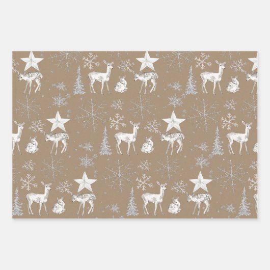 クラフト素朴ホワイトベビードードディアシルバースノーフレーク ラッピングペーパーシート (正面)