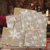 クラフト素朴ホワイト&金ゴールドスノーフレーク ラッピングペーパーシート