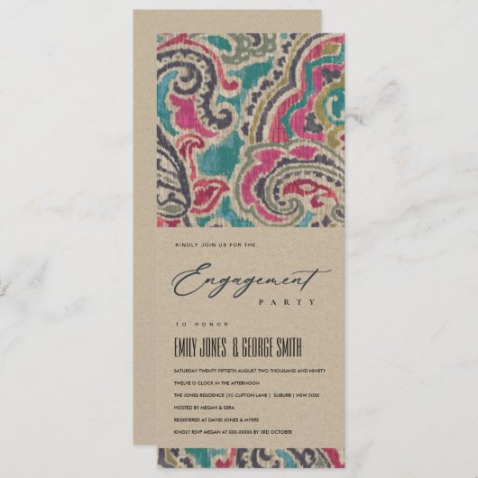 クラフト素朴ボホイカットトバルピンクティール（緑がかった色）婚約 招待状 (正面/裏面)