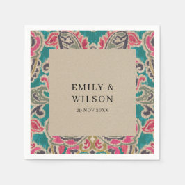 クラフト素朴ボホトバルイカットピンクティール（緑がかった色）の結婚N スタンダードカクテルナプキン