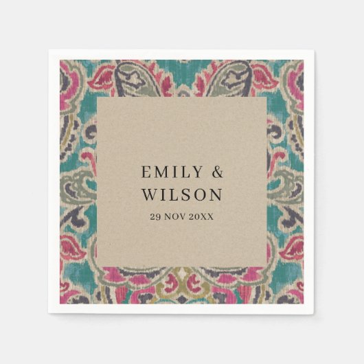 クラフト素朴ボホトバルイカットピンクティール(緑がかった色)の結婚N スタンダードカクテルナプキン (正面)