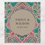 クラフト素朴ボホトバルイカットピンクティール(緑がかった色)の結婚WI ワインラベル (シングルラベル)