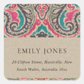 クラフト素朴ボホトバルイカットピンクティール（緑がかった色）アドレス スクエアシール (正面)