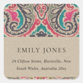 クラフト素朴ボホトバルイカットピンクティール（緑がかった色）アドレス スクエアシール