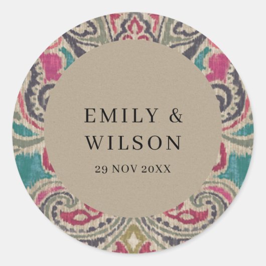 クラフト素朴ボホトバルイカットピンクティール（緑がかった色）ズ結婚 ラウンドシール (正面)