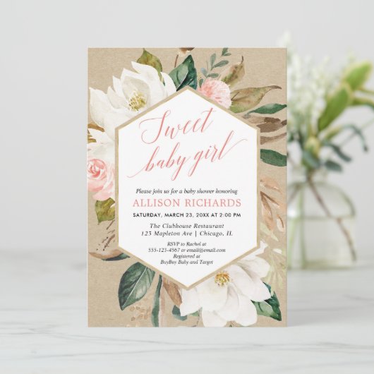 クラフト素朴マグノリアフローラ秋女の子の赤ちゃんシャワー 招待状 (スタンド正面)