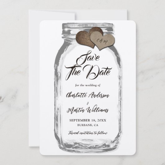 クラフト素朴メイソンジャールバーラップハートズ結婚 セーブザデート (正面)