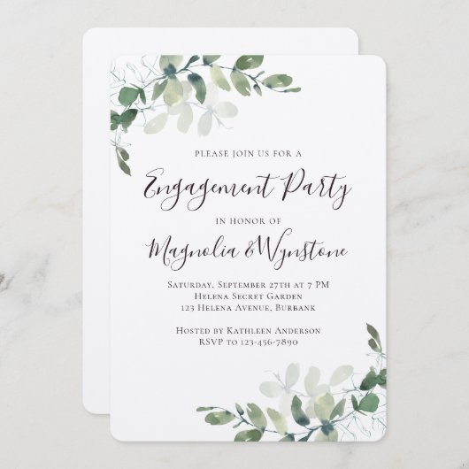 クラフト素朴ユーカリ婚約パーティ 招待状 (正面/裏面)