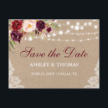 クラフト素朴ライトレースフローラ保存日付B 案内ポストカード<br><div class="desc">クラフト素朴ストリングライトレース水色バーガンディフローラ日付ポストカードを保存 – 印刷後ろ</div>