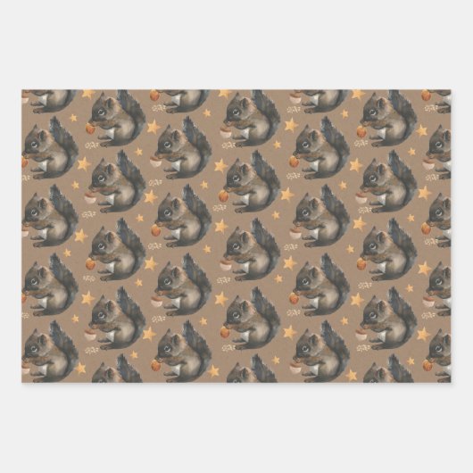 クラフト素朴リス&金ゴールドスター ラッピングペーパーシート (正面3)