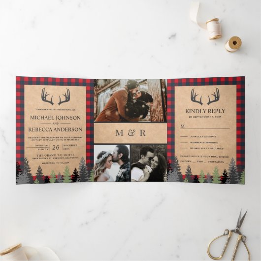 クラフト素朴レッドバッファロープライド鹿アントラー結婚ズ 三つ折り招待状 (内部)