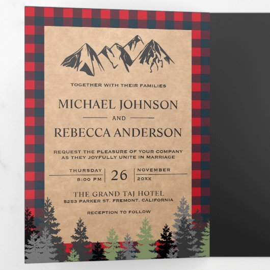 クラフト素朴レッドバッファロープレイドマウンテン結婚ズ 三つ折り招待状 (内部最初)