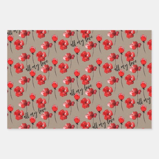 クラフト素朴レッドバレンタインカスタムことわざフローラ ラッピングペーパーシート (正面)