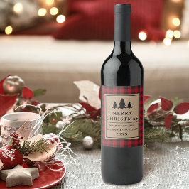 クラフト素朴レッドプレイドパインズメリークリスマス ワインラベル