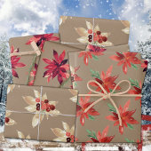 クラフト素朴レッド&ホワイトフォーラルホリデーポインセチア ラッピングペーパーシート