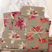 クラフト素朴レッド&ホワイトフォーラルホリデーポインセチア ラッピングペーパーシート