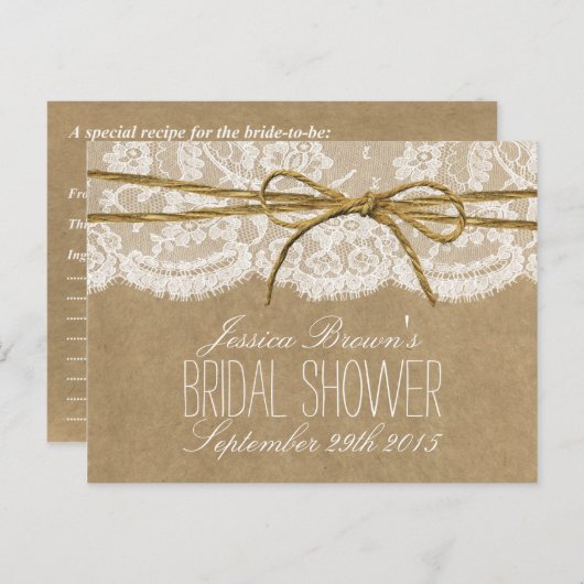クラフト素朴レーストツインボウブライダルシャワーレシピ インビテーションポストカード (正面/裏面)