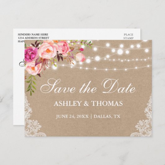 クラフト素朴レースピンクフローラ日付を保存 案内ポストカード (正面/裏面)