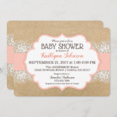 クラフト素朴レースモダンコーラルガールベビーシャワー 招待状 (正面/裏面)