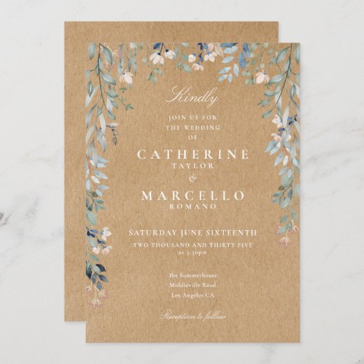 クラフト素朴ワイルドフラワーウォーターカラーフローラ結婚ズ 招待状 (正面/裏面)
