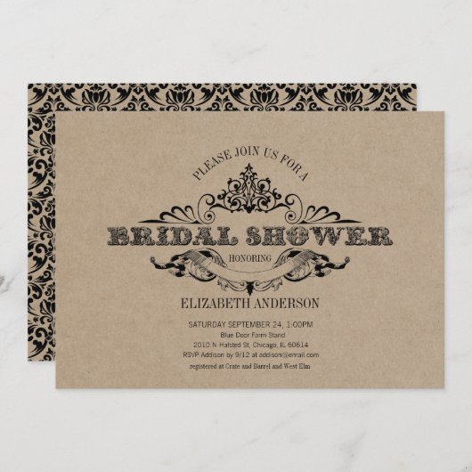 クラフト素朴ヴィンテージフレームブライダルシャワー 招待状 (正面/裏面)