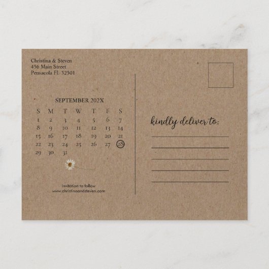 クラフト素朴乾燥ひまわり結婚式の日付を保存 ポストカード (裏面)