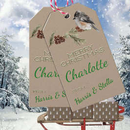 クラフト素朴冬のスズメの鳥と松の枝 ギフトタグ