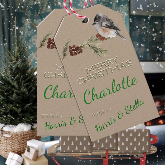 クラフト素朴冬のスズメの鳥と松の枝 ギフトタグ