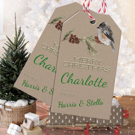 クラフト素朴冬のスズメの鳥と松の枝 ギフトタグ