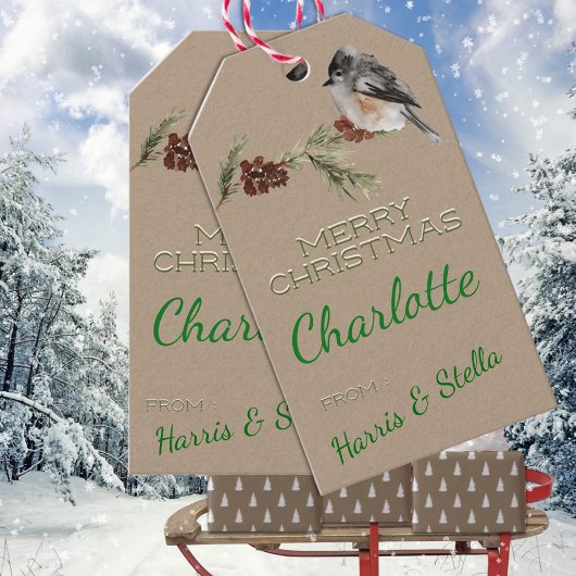 クラフト素朴冬のスズメの鳥と松の枝 ギフトタグ