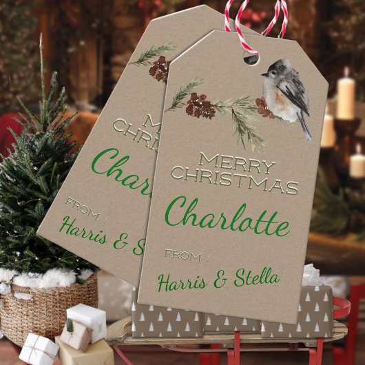 クラフト素朴冬のスズメの鳥と松の枝 ギフトタグ