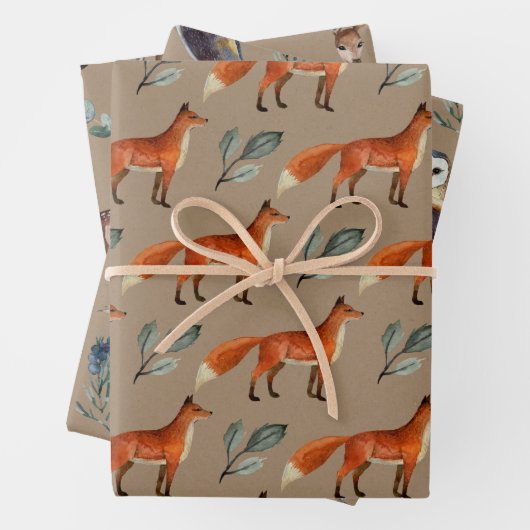 クラフト素朴冬動物赤キツネフクロウベビードー ラッピングペーパーシート (インサイチュ)