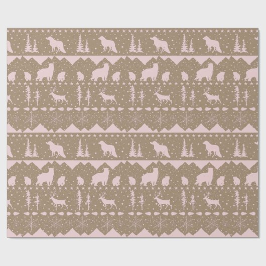 クラフト素朴北欧セーターピンクの冬の動物 ラッピングペーパー (フラット)