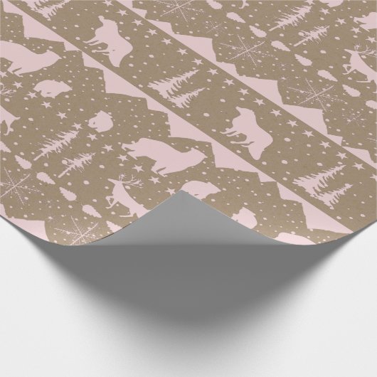 クラフト素朴北欧セーターピンクの冬の動物 ラッピングペーパー (角)