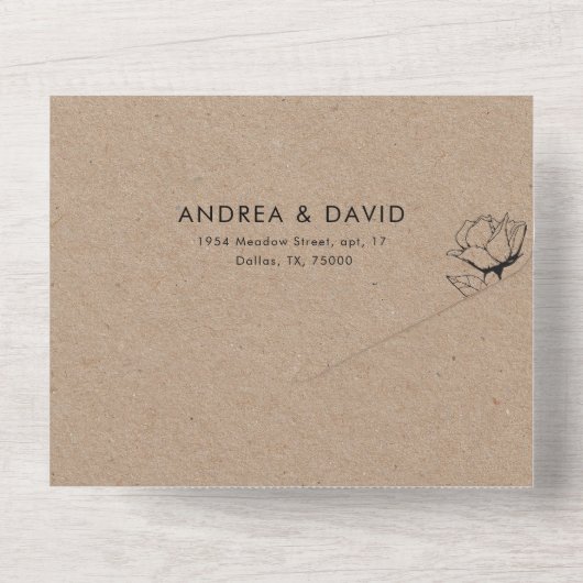 クラフト素朴手自然描きスケッチバラ結婚の オールインワン招待状 (裏面)