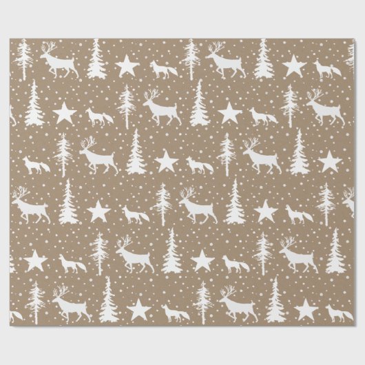 クラフト素朴白い冬の森の木と動物 ラッピングペーパー (フラット)