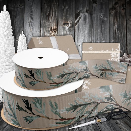 クラフト素朴紙シルバーブルージュニパーツリーブランチ グログランリボン