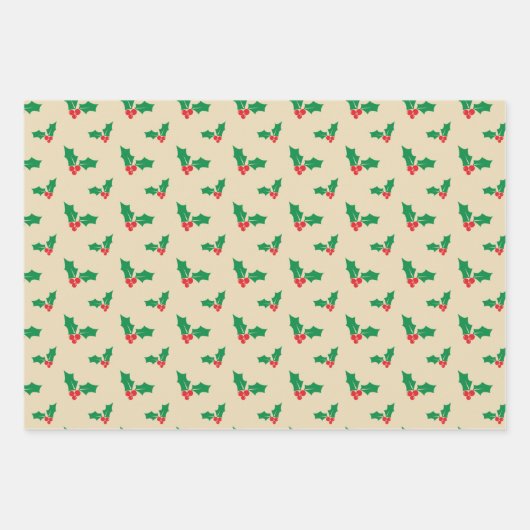 クラフト素朴紙トナカイ、オーナメントとホリー ラッピングペーパーシート (正面2)