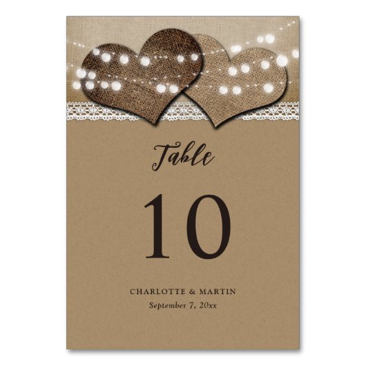 クラフト素朴紙バーラップハートカントリーウェディング テーブルナンバー (正面)