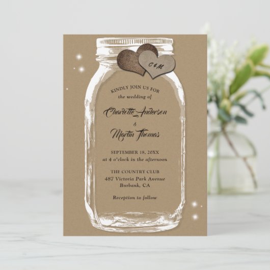 クラフト素朴紙バーラップハートメイスンジャー結婚ズ 招待状 (スタンド正面)