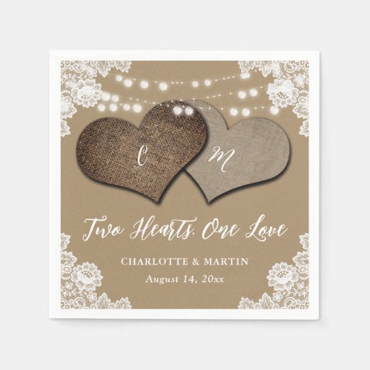 クラフト素朴紙バーラップレースモノグラム結婚ズ スタンダードカクテルナプキン (正面)