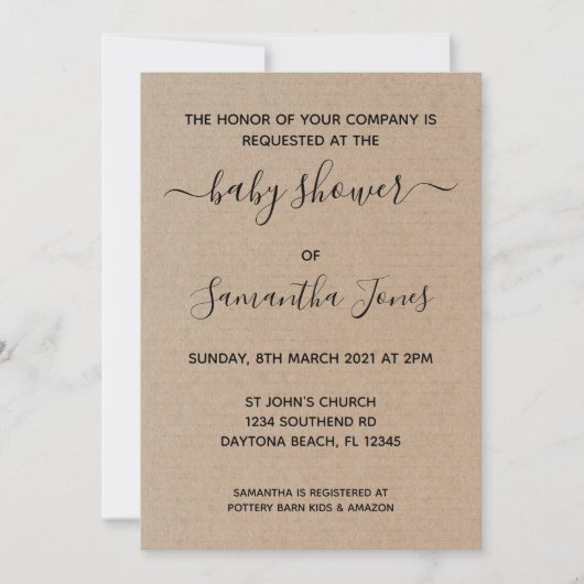 クラフト素朴紙ベビーシャワー招待状スクリプト 招待状 (正面)
