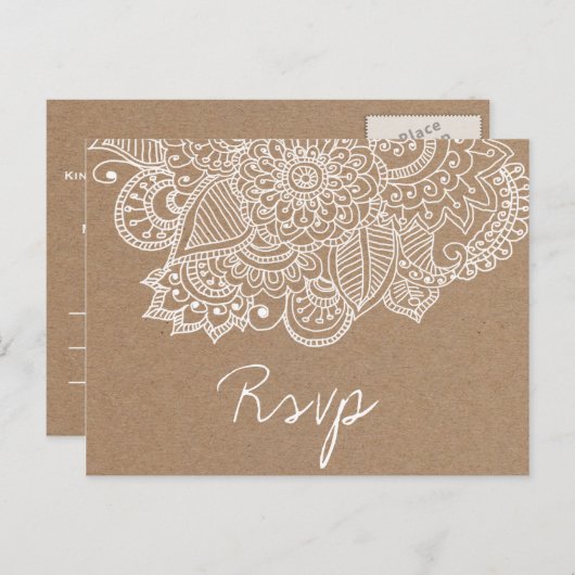クラフト素朴紙ペイズリー結婚のSVP インビテーションポストカード (正面/裏面)